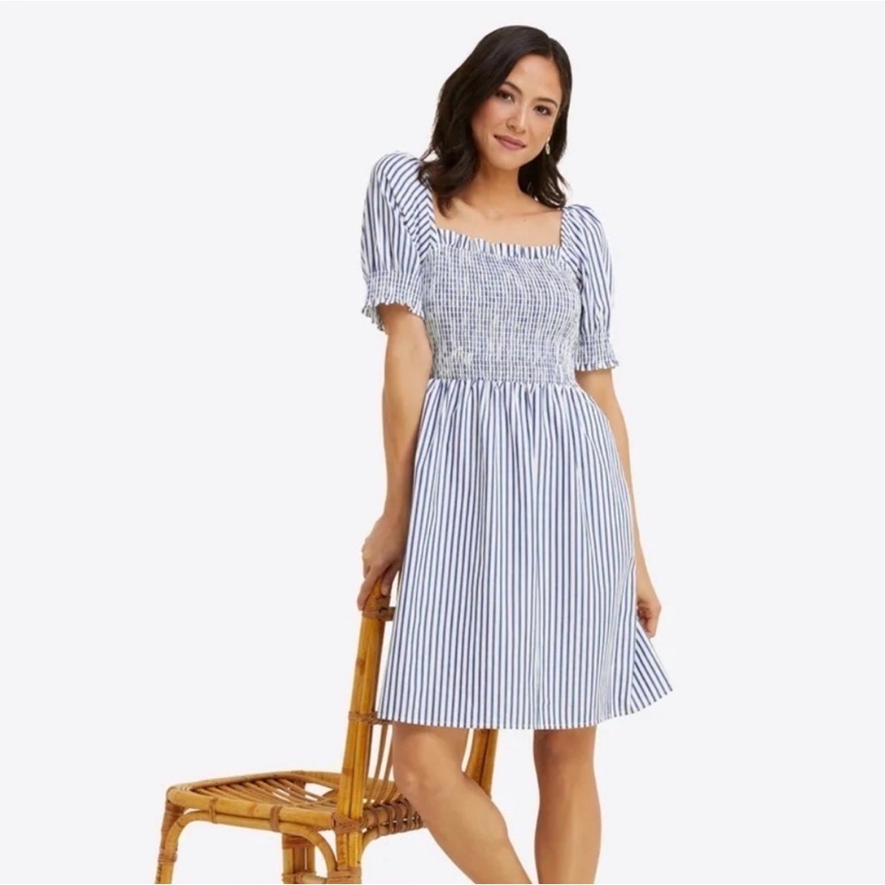 Draper James Cam Smocked Dress in Blue Shirting Stripe, Size S